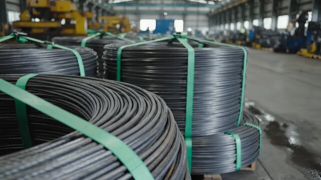 Coiled wires stacked in warehouse for industrial purposes
