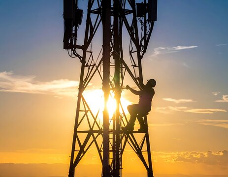 Silhouette of a worker on a cell tower at sunset