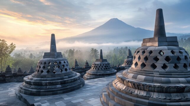 Exploring the ancient buddhist borobudur temple java indonesia a cultural landmark in serene surroundings