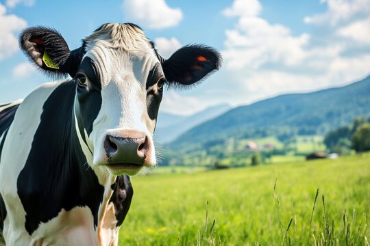 Close-up black and white holstein cow looking at camera lush green pasture photography nature eye-level farm life