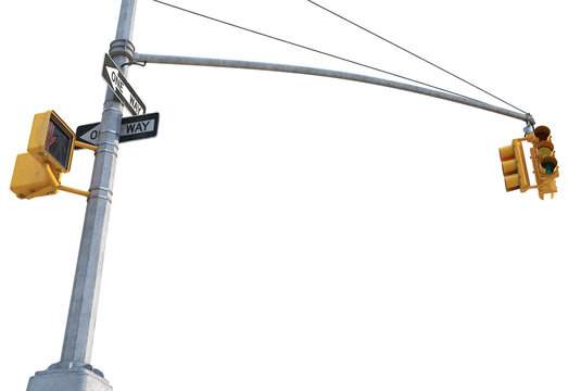 3D render of a full NYC traffic light pole with yellow caution light active. Low angle view, isolated on transparent background. High-quality urban asset for city and transition concepts.