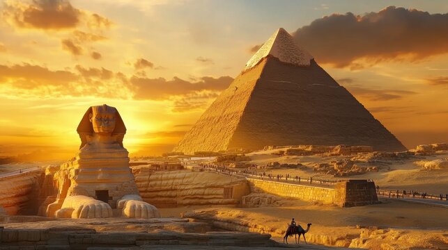 Dramatic view of the great pyramid of giza with sphinx egypt photography desert environment wide angle ancient wonders