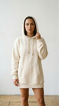 Woman wearing oversized cream hoodie dress standing indoors with neutral background