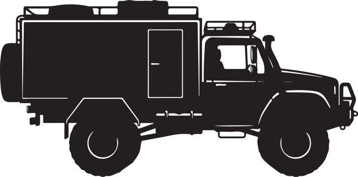 Fire truck, emergency vehicle, rescue car, silhouette icon, black and white vector