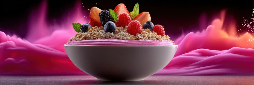 Colorful Bowl of Cereal with Fruit on a Table