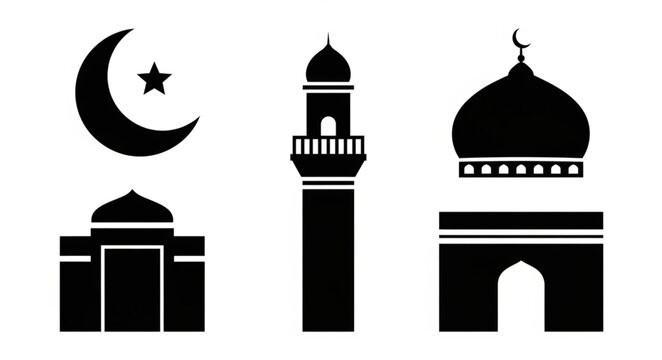 Islamic Symbols Crescent Moon Minaret Mosque Dome Architecture.