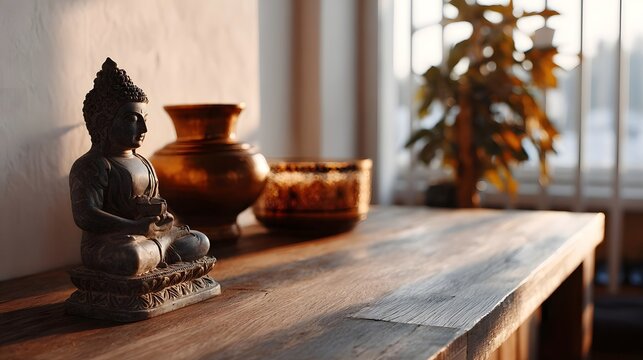 A quiet devotional corner featuring a seated Buddha statue and decorative vessels bathed in soft natural sunlight