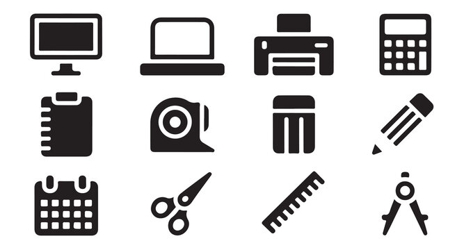 Collection of black silhouette icons depicting office stationery and computer equipment.
