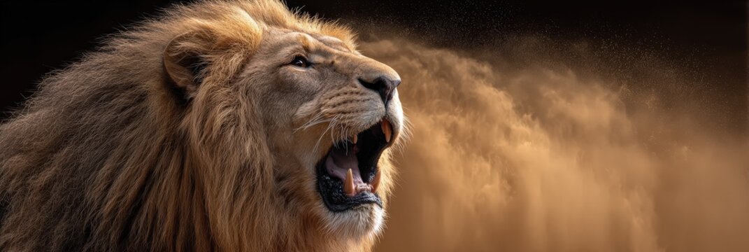 Lion Roaring in Dusty Field