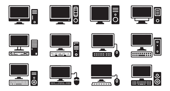 Computer system icons featuring monitor cpu tower keyboard mouse and speaker accessories.