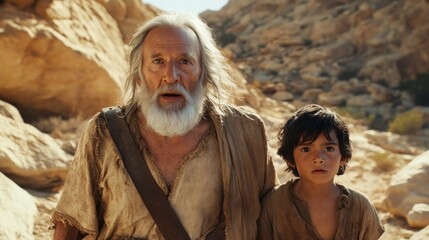 Fototapeta premium Hiking adventure abraham and young isaac rocky terrain portrait natural landscape father-son bond