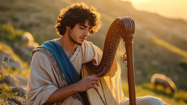 Young king david playing a golden harp in a serene landscape portrait artwork biblical context
