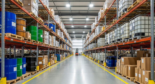 A long aisle in a modern industrial warehouse featuring neatly organized shelves stocked with various colorful barrels and cardboard boxes, leading to a forklift in the distance.