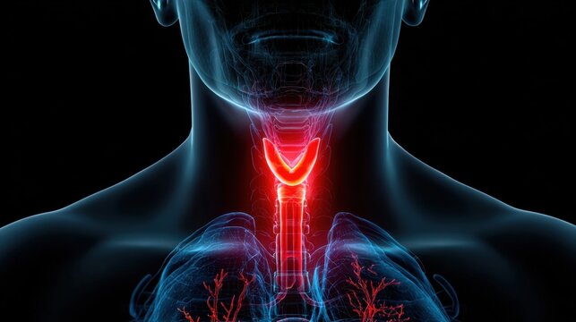 Educational illustration shows the human respiratory system with highlighted trachea and lungs in a dark background
