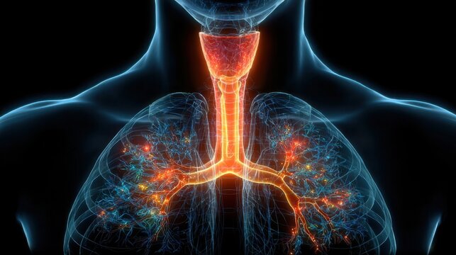 Visualization of human respiratory system showing bronchi and lungs with glowing pathways and structures at an anatomical level