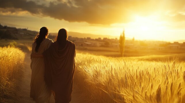 Ruth and naomi walking together dusty road wheat fields narrative scene rural landscape friendship journey