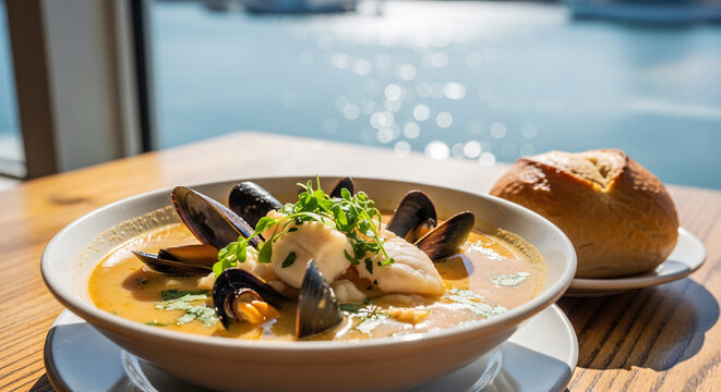 Creamy seafood chowder with mussels and white fish served by the waterfront with bread roll