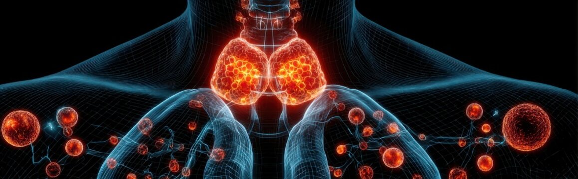 Visual representation of human lungs showing detailed structures and cell activities related to respiration