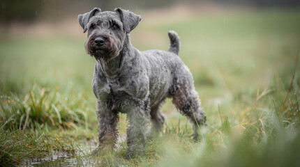 Fototapeta premium Kerry Blue Terrier Low Angle Meadow Wildlife Telephoto Shot Natural Frame Copy Space