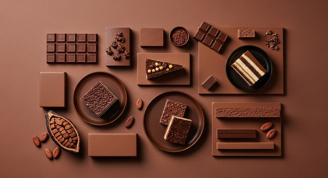 Minimal flat lay of assorted chocolate bars and cakes arranged on a monochrome brown background
