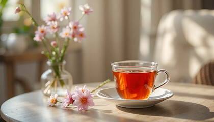 Fototapeta premium Glass cup of tea with flowers in cozy interior setting, warm lifestyle scene