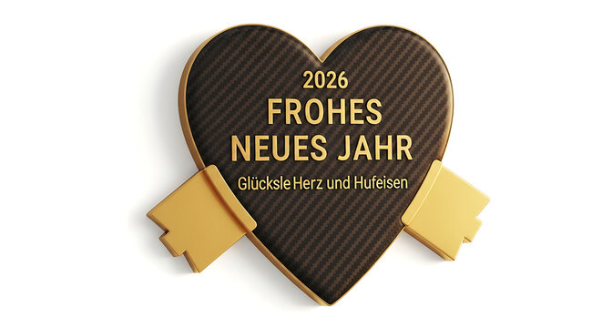 Heart shaped celebratory cookie with 'Frohes Neues Jahr' text for New Year's, featuring gold ribbon accents, ideal for festive greetings and holiday marketing