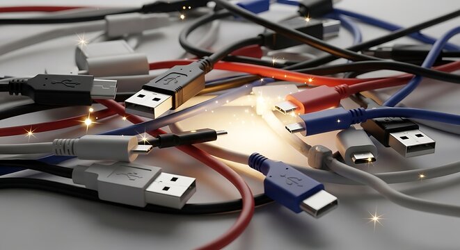Assortment of usb cables with various connectors and colors against a soft light