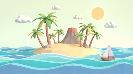 Obraz premium Low poly tropical island with palm trees and volcano, 3d rendered summer vacation landscape, miniature stylized ocean scene with sailboat