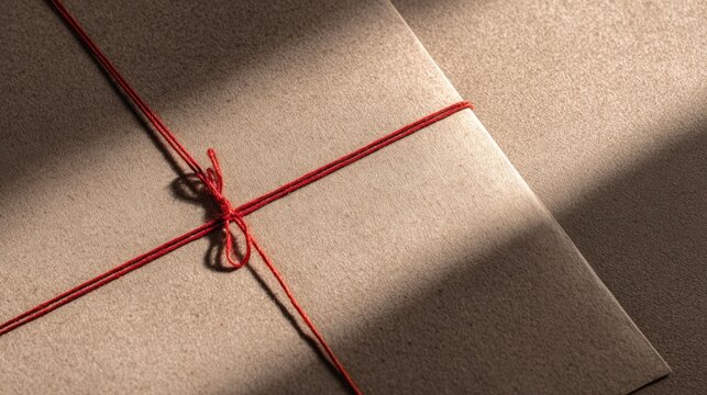 A close-up of a tied-up package with a red string under the sunlight. The package is ready for delivery