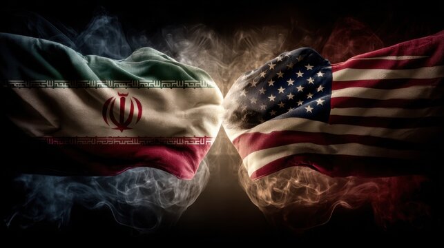 Flags of Iran and the United States meet in a smoky background representing tension and conflict