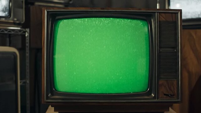 Vintage television with green screen display.
