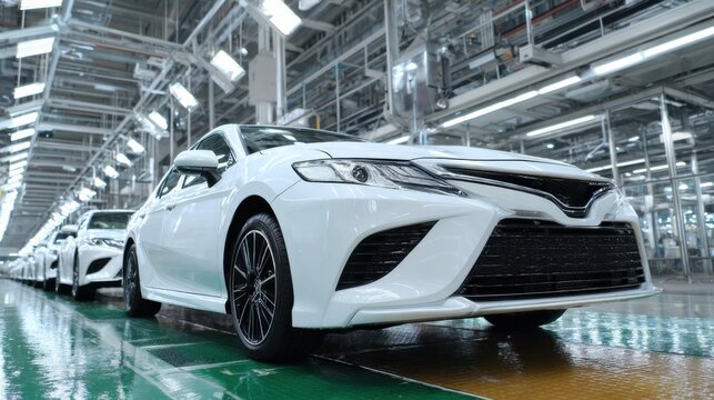 Camry assembly line is in operation at a car manufacturing plant in the early afternoon