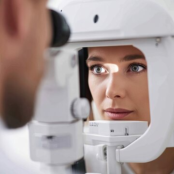 Woman undergoing an eye examination with an autorefractor in a modern clinic setting