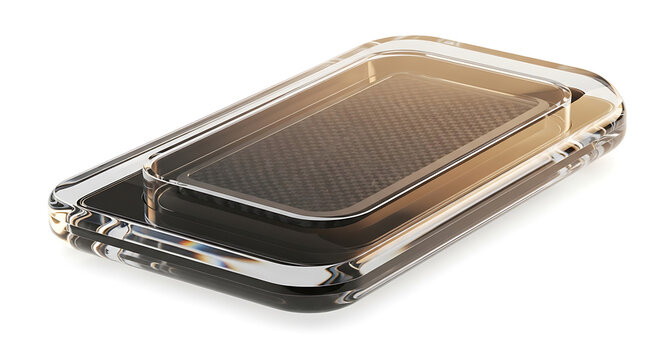 Isolated clear plastic packaging tray with textured insert, reflecting light and shadow, for electronics or small items
