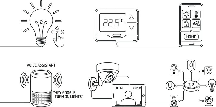 A smart home system with various devices and gadgets for automation and control AI, eps, png, jpg. transparent background.