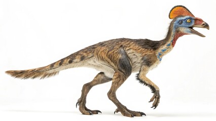 Fototapeta premium Full body studio portrait of a feathered Oviraptor dinosaur with its distinctive crest and beak, isolated on white background.