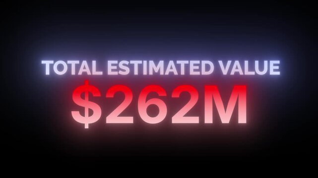 Total estimated value digital counter graphic resource hitting $500 million illuminated by glowing red and blue lights on dark background, 4k video