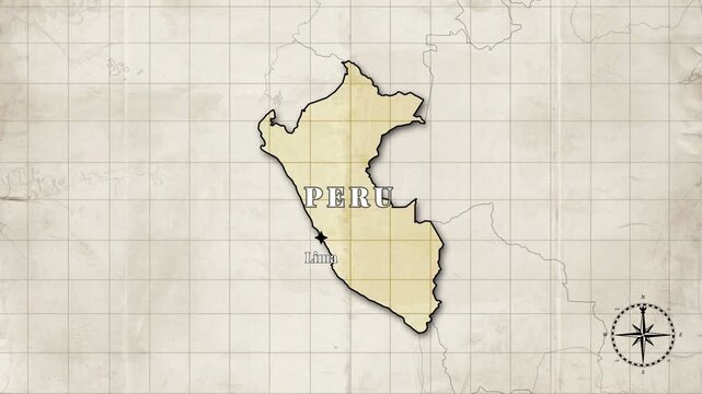 Vintage Style Animated Peru Map with Country Borders and Capital Lima on Old Paper Background

