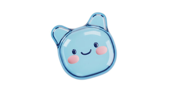 Isolated cute blue cartoon cat face with rosy cheeks and smiling expression, 3d rendering, playful character