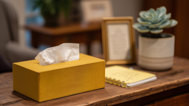 Christian therapist's desk with open Bible, box of tissues, framed scripture verse, potted succulent, and yellow legal pad with handwritten notes, pastoral counseling office, mental health faith int