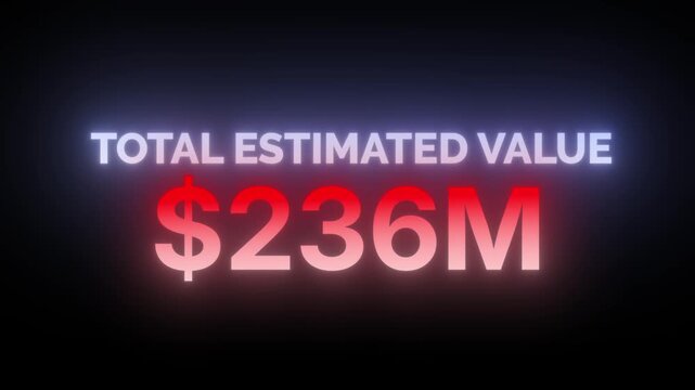Animated business graphic showing total estimated value rising to four hundred fifty million dollars with red and blue neon glow 4k video