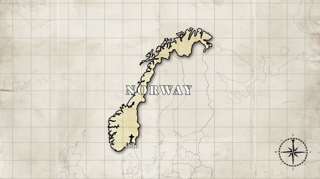 Vintage Style Animated Norway Map with Country Borders and Capital Oslo on Old Paper Background


