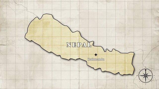 Nepal country map animation &ndash; vintage style loopable video with country borders and capital Kathmandu on blank old paper background.

