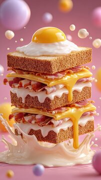 Delicious Breakfast Sandwich Tower with Egg on Top