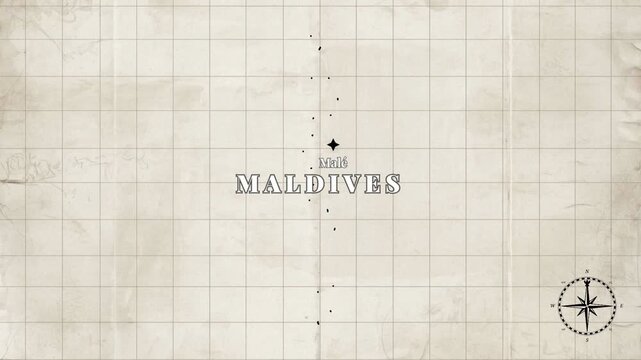 Vintage Style Animated Maldives Map with Country Borders and Capital Male on Old Paper Background

