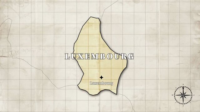Vintage Style Animated Luxembourg Map with Country Borders and Capital Luxembourg City on Old Paper Background

