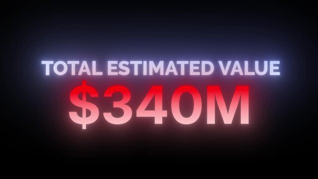 Rising digital text animation showing a total estimated value of $650 million with glowing red and blue neon lighting on black background, 4k video