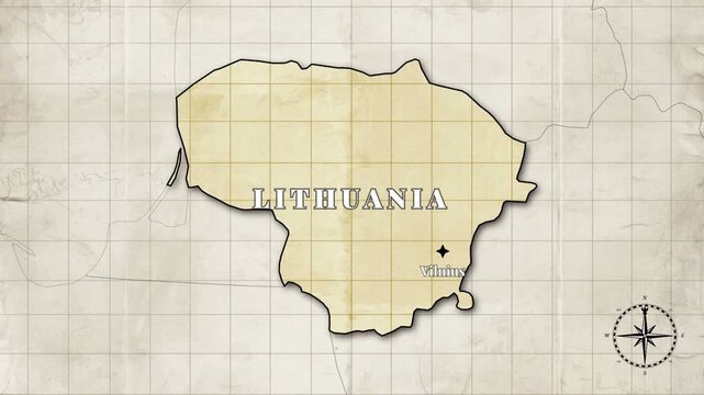 Vintage Style Animated Lithuania Map with Country Borders and Capital Vilnius on Old Paper Background

