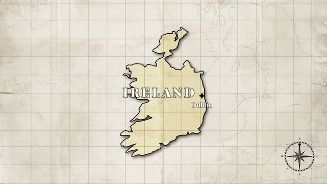 Vintage Style Animated Ireland Map with Country Borders and Capital Dublin on Old Paper Background

