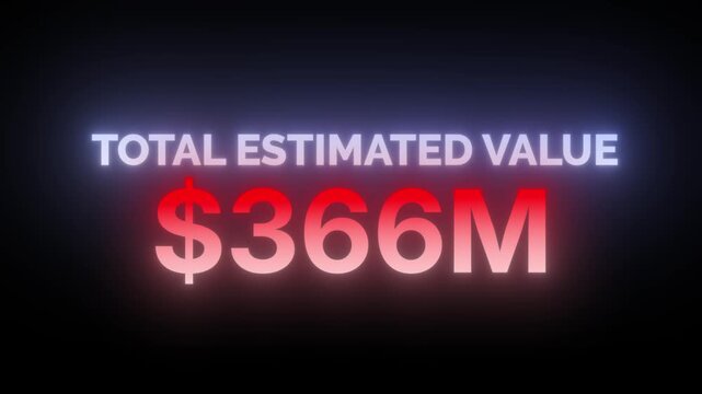 Dynamic financial counter displaying total estimated value increasing to seven hundred million dollars with bright neon lights 4k video